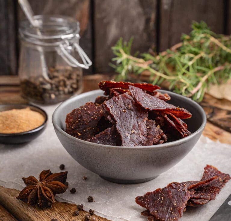 beef jerky in a bowl on a kitchen countertop.
