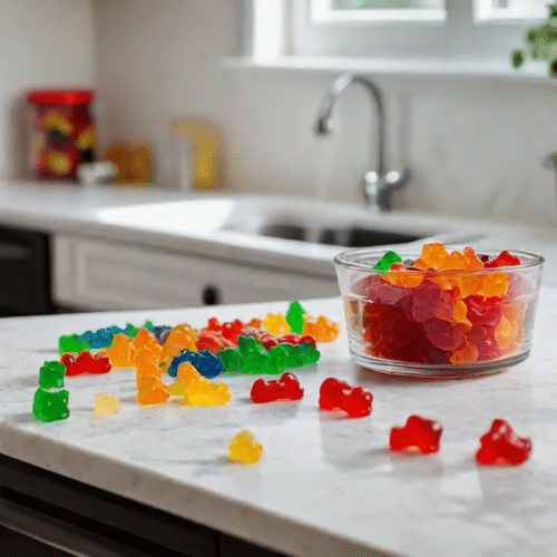 gummy bears in a glass bowl on a table