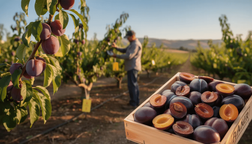 The image showcases lush plum trees, specifically Prunus domestica, thriving in California's ideal climate, with ripe, fresh plums ready for harvest. These plums, particularly the French prune variety, are known for their higher sugar content and dense flesh, making them perfect for drying into sweet, chewy prunes.