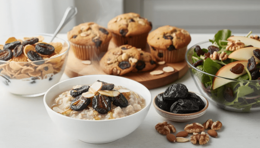 The image showcases a variety of sweet dishes featuring chopped prunes, highlighting their versatility as an ingredient in oatmeal, baked goods, and salads. These dried plums add texture and flavor, making them a delicious and nutritious addition to meals and snacks.