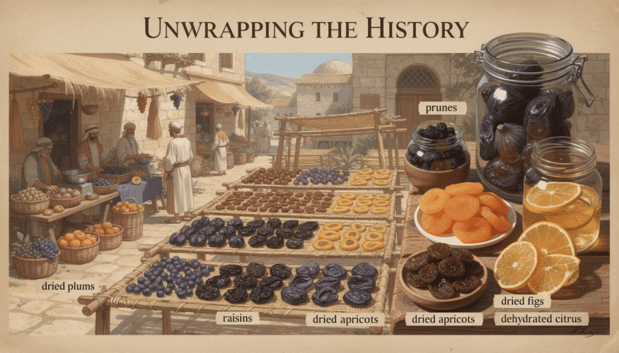 The image depicts a selection of dried fruits, prominently featuring prunes, which are dried plums known for their sweetness and chewy texture. Surrounding the prunes are other dried fruits like raisins, apricots, and figs, highlighting the variety and historical significance of dried fruits in ancient civilizations.