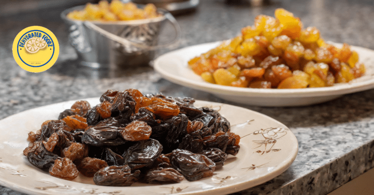 Sultanas and raisins in a platte on a kitchen worktop