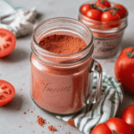 Tomato powder in a mason jar surrounded by tomatoes