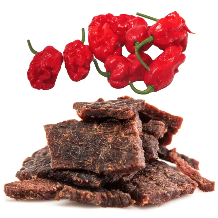 Red carolina reaper pepper with beef jerky on a white background.