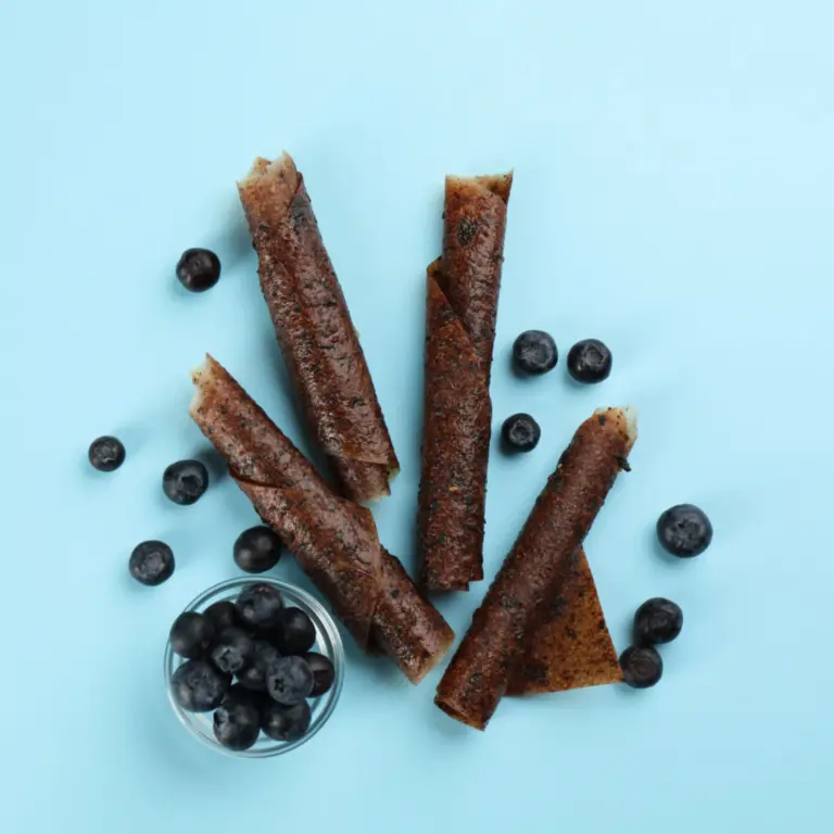 blueberry fruit leather on a blue background surrounded by blueberries