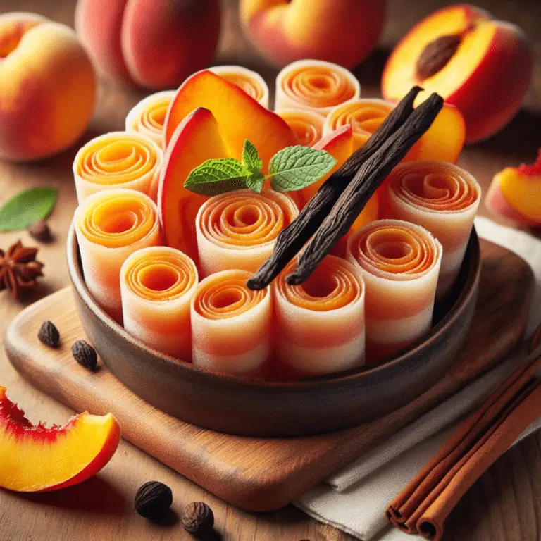 peach fruit leather rolls in a bowl on a wooden board