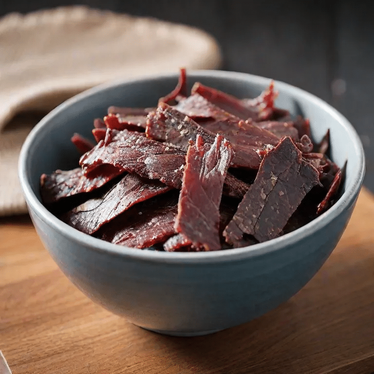 beef jerky in a bowl on a wooden table
