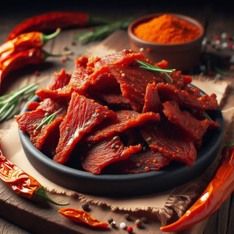 chciken jerky in a bowl surrounded by spices on a wooden table