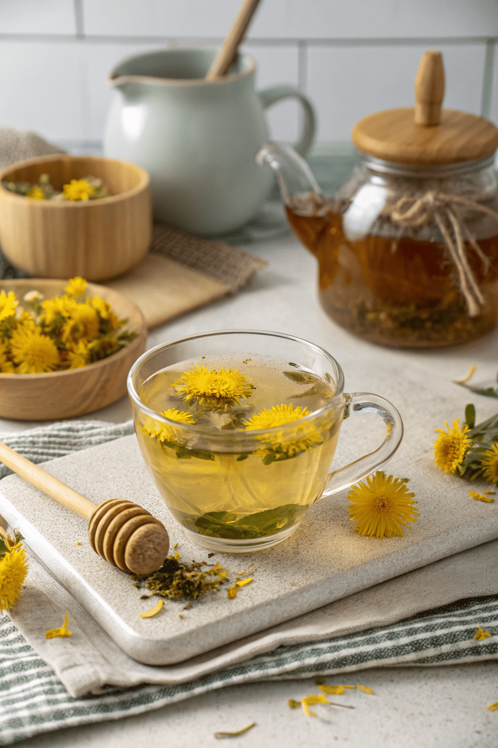 A cup of dandelion tea being prepared with dried flowers, showcasing its use in beverages.