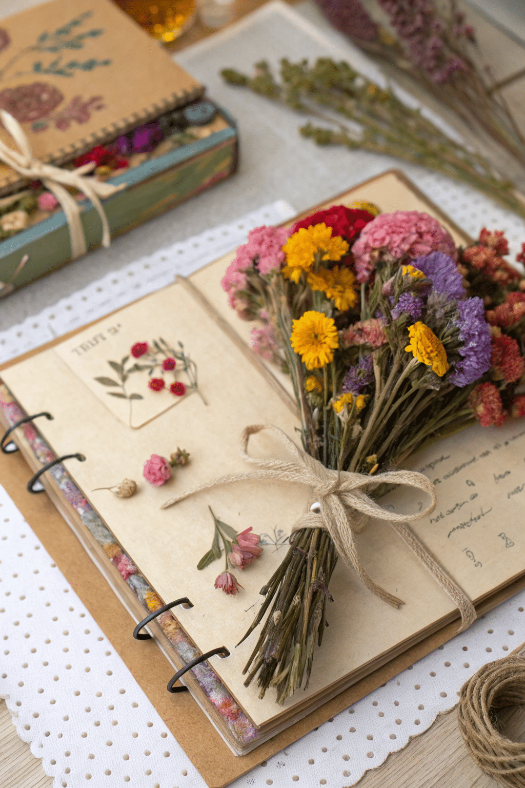A creative display of dried flowers used in a scrapbook or journal.