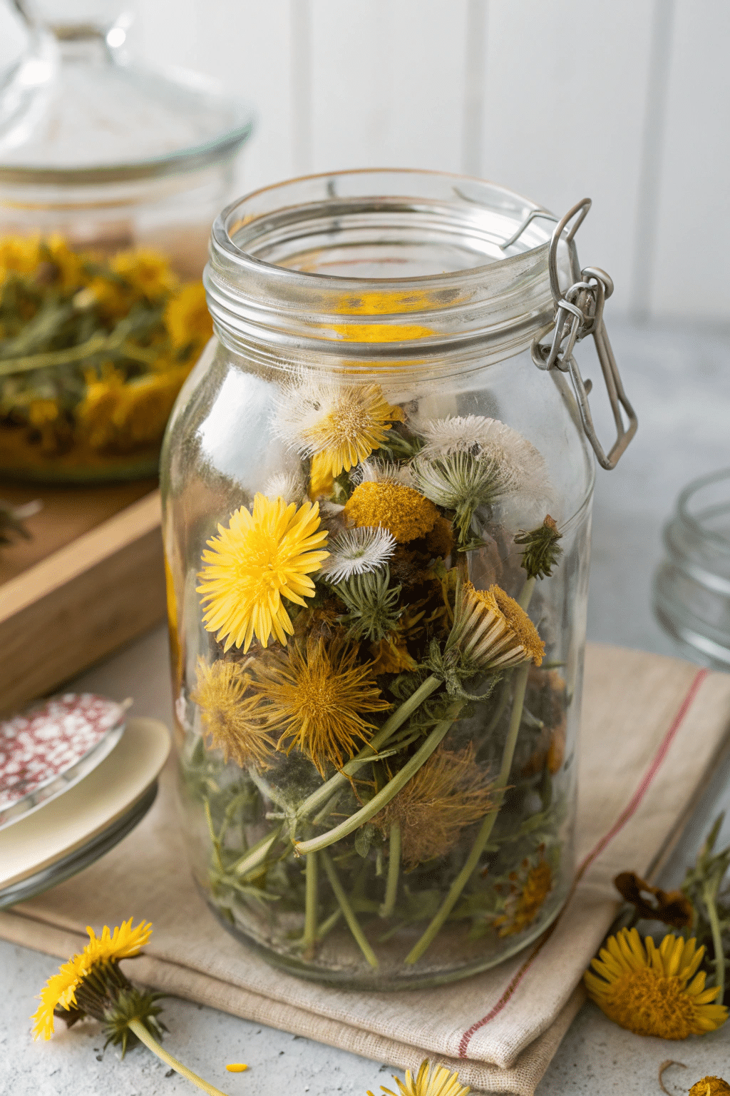 A glass jar filled with dried dandelion flowers, highlighting their preserved state.