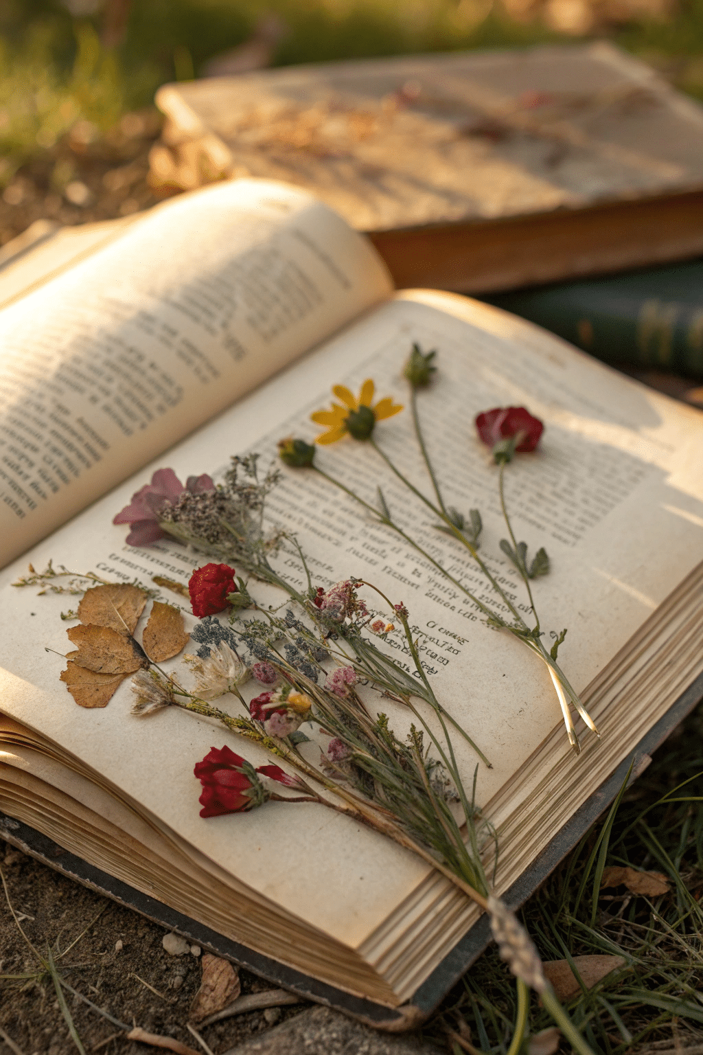 A view of dried flowers nestled between book pages, showcasing their preserved state.