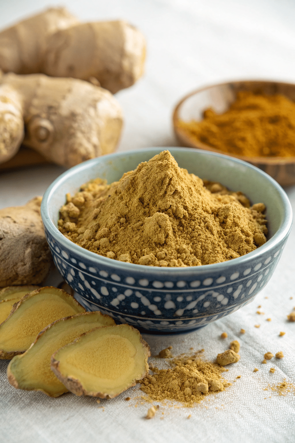 A small bowl filled with finely ground ginger powder, highlighting its texture and color.