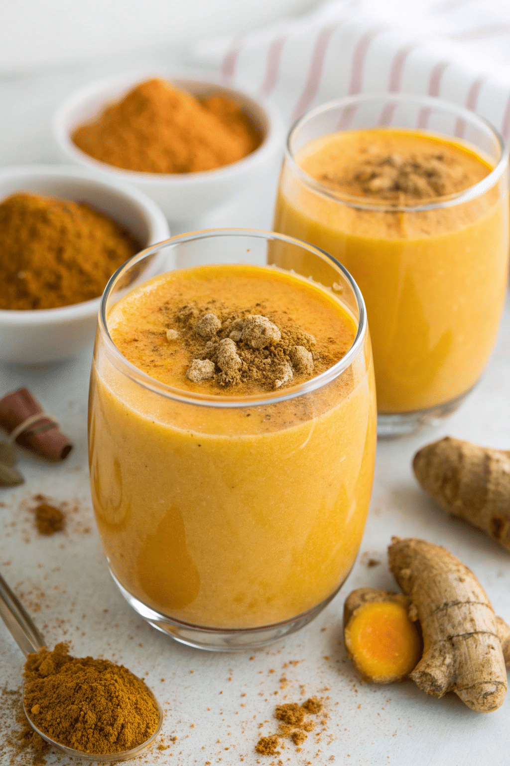 A vibrant smoothie with a sprinkle of ginger powder on top, emphasizing its health benefits.