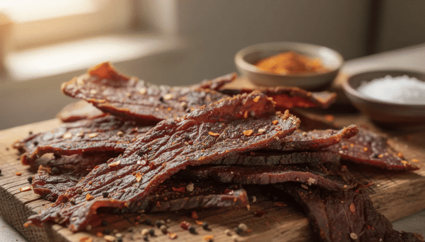 The image showcases a plate of homemade beef jerky, featuring flavorful jerky strips that are dark brown and slightly glossy, indicating they have been marinated and dehydrated. The jerky is cut into even pieces, highlighting the texture of the lean cut meat, perfect for snacking or adding to meals.