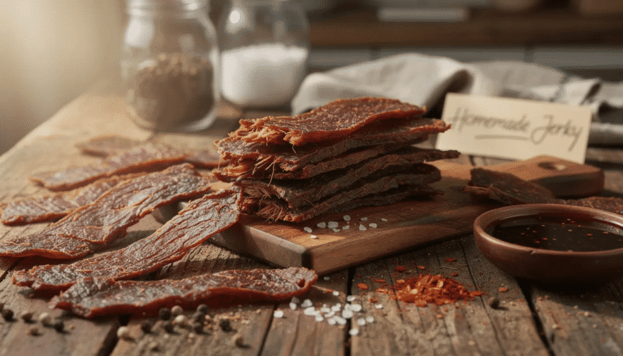 The image depicts a collection of homemade beef jerky strips, showcasing various flavors enhanced by ingredients like cayenne pepper and brown sugar. These flavorful jerky pieces are arranged neatly, highlighting the drying process that transforms sliced meat into a delicious snack.