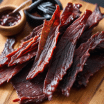 slices of teriyaki beef jerky on a wooden table