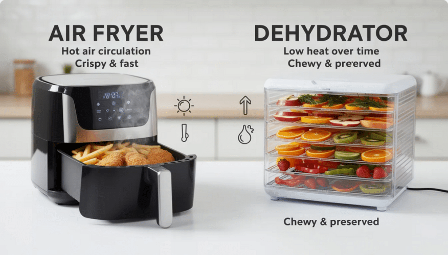 The image compares air fryers, like the Ninja air fryer, and dehydrators, showcasing their abilities to cook delicious meals and dehydrate fruits and vegetables. It highlights features such as the air fryer basket for crispy fries and the dehydration process for homemade jerky, emphasizing the convenience and versatility of these kitchen appliances.