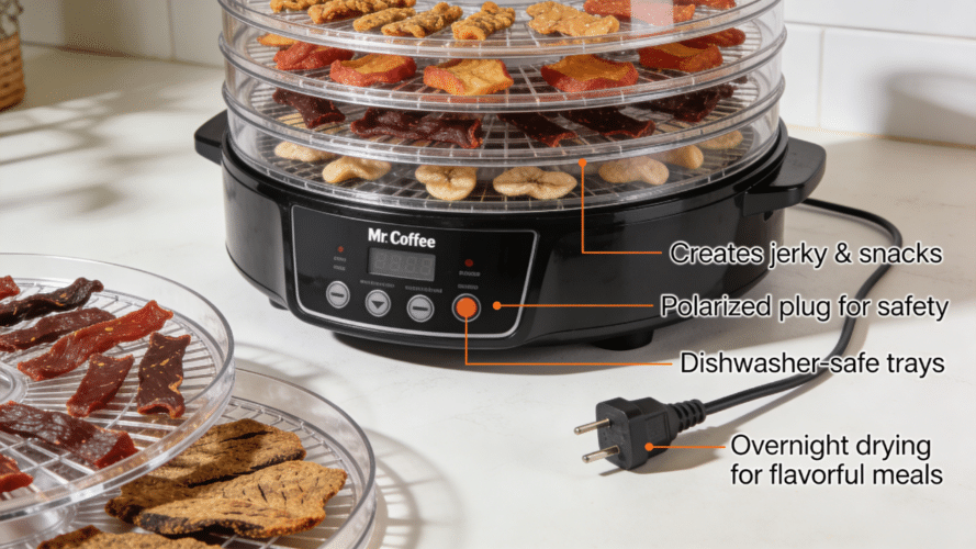 The image showcases the Mr Coffee Dehydrator, highlighting its key benefits such as the ability to create dried foods like jerky and snacks, along with safety features like a polarized plug and operating instructions for safe use. The unit is designed for easy cleaning, with trays that can be washed in the dishwasher, making it a convenient appliance for preparing flavorful meals and recipes overnight.