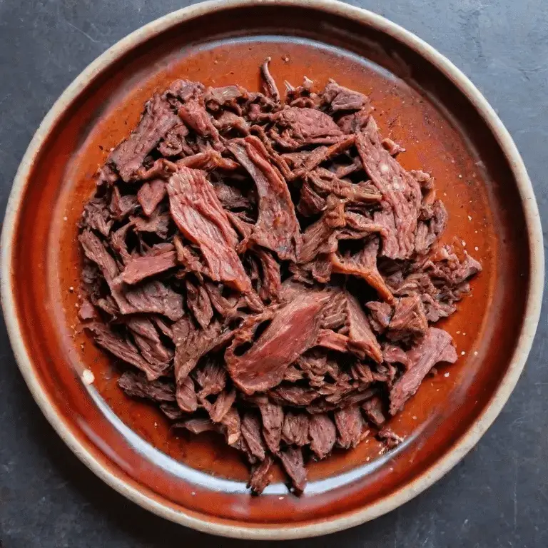 Dehydrated beef jerky in a plate on a grey background.