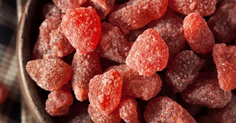 freeze dried strawberry candies in a bowl