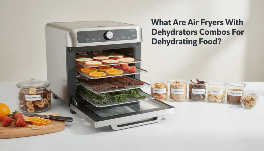 The image depicts a modern air fryer with a dehydrator combo, showcasing an air fryer basket filled with colorful dehydrated vegetables and fruits, like apples and zucchini. This kitchen appliance is designed to dehydrate food efficiently while also providing the ability to air fry, allowing for delicious meals with less oil and maximum crispiness.