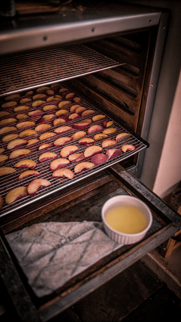 The image shows a food dehydrator filled with neatly arranged nectarine slices, ready for drying. The vibrant orange and yellow fruit pieces are cut and prepared to dehydrate, ensuring a delicious and chewy dried fruit snack, while a bowl of lemon juice sits nearby to prevent browning.