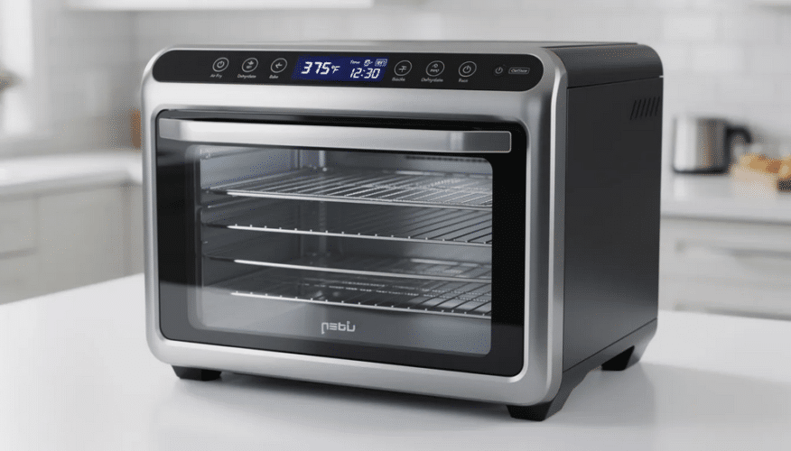 The image depicts a sleek combo air fryer dehydrator unit, designed to prepare delicious meals with less oil. It features multiple trays for dehydrating fruits and vegetables, an air fryer basket for achieving crispy textures, and various settings to adjust cooking temperature and time for the best results.