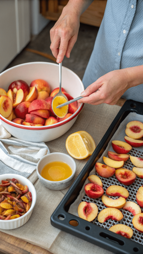 The image shows a person preparing ripe nectarines for dehydration, featuring sliced nectarines in a bowl, a slotted spoon, and a small bowl of lemon juice to prevent browning. Nearby, there are trays ready for the dehydrator, illustrating the process of making delicious dried nectarines.