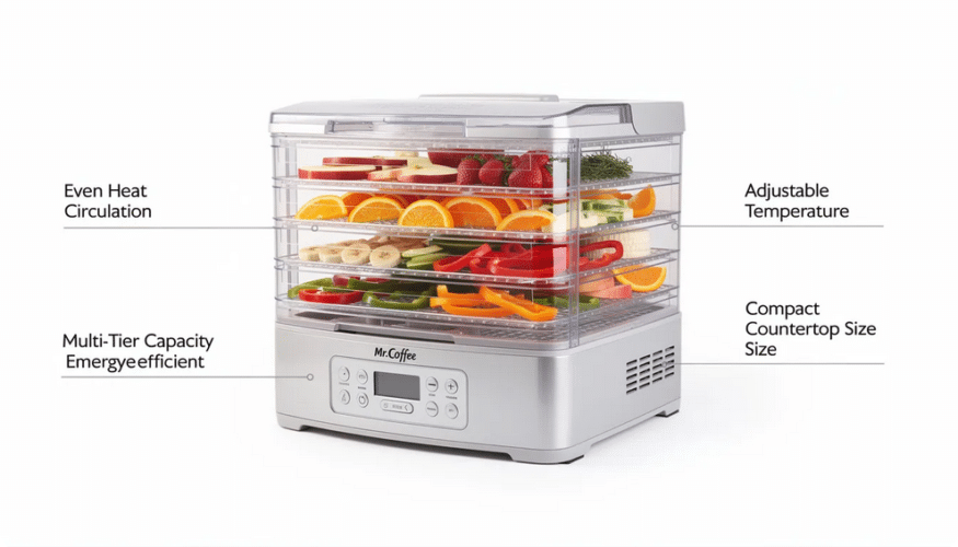 The image showcases the Mr. Coffee Food Dehydrator, a sleek appliance designed for making dried foods like jerky and snacks. It features multiple trays, a safety lid, and clear operating instructions, making it easy to use for creating flavorful meals at home.