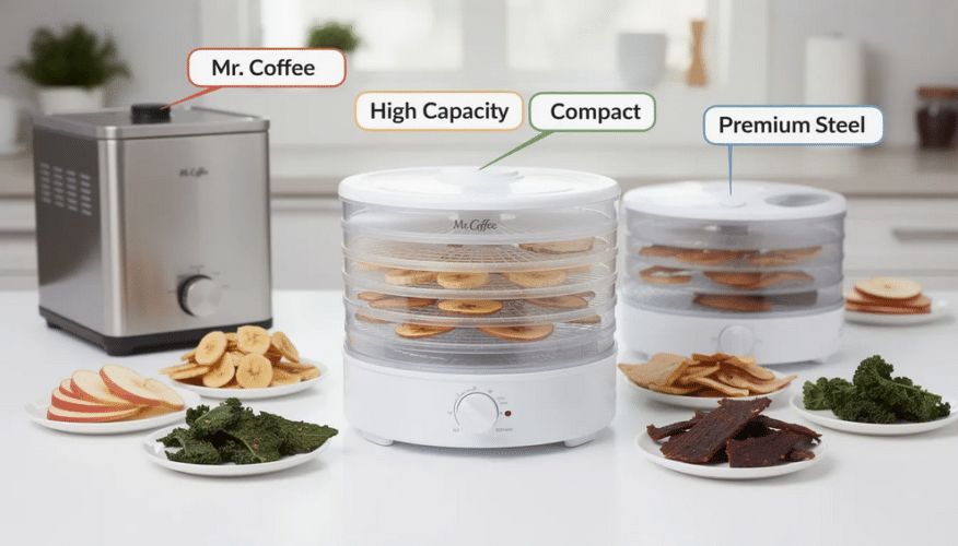 The image showcases the Mr. Coffee Food Dehydrator alongside various other dehydrators available on the market, highlighting its unique features such as trays for drying snacks and jerky, as well as safety features like a polarized plug. This comparison emphasizes the versatility of the Mr. Coffee unit for creating dried foods and meals at home.