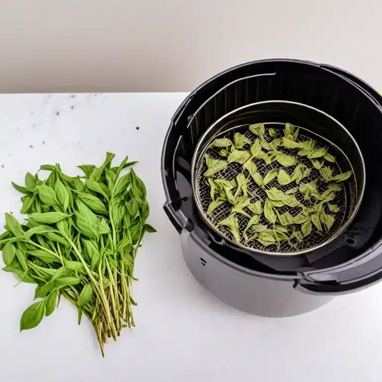 dried basil in an air fryer and fresh basil next to it on a marble countertop.