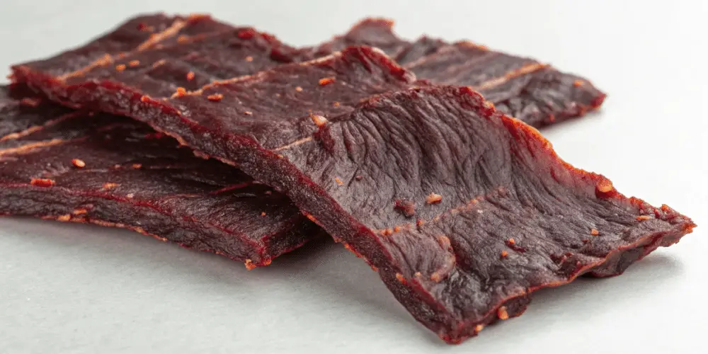A photo of beef jerky with a rich, dark color, irregular shape, and some seasonings sprinkled on it. The beef jerky is piled together on a plain, neutral-colored surface. The texture is dense and chewy, and the overall appearance is that of a dried, processed meat product. The seasonings are small and irregularly scattered across the surface of the jerky. The background is a plain, light-colored surface.