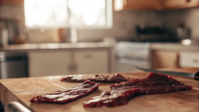 Beef jerky on a wooden kitchen table.