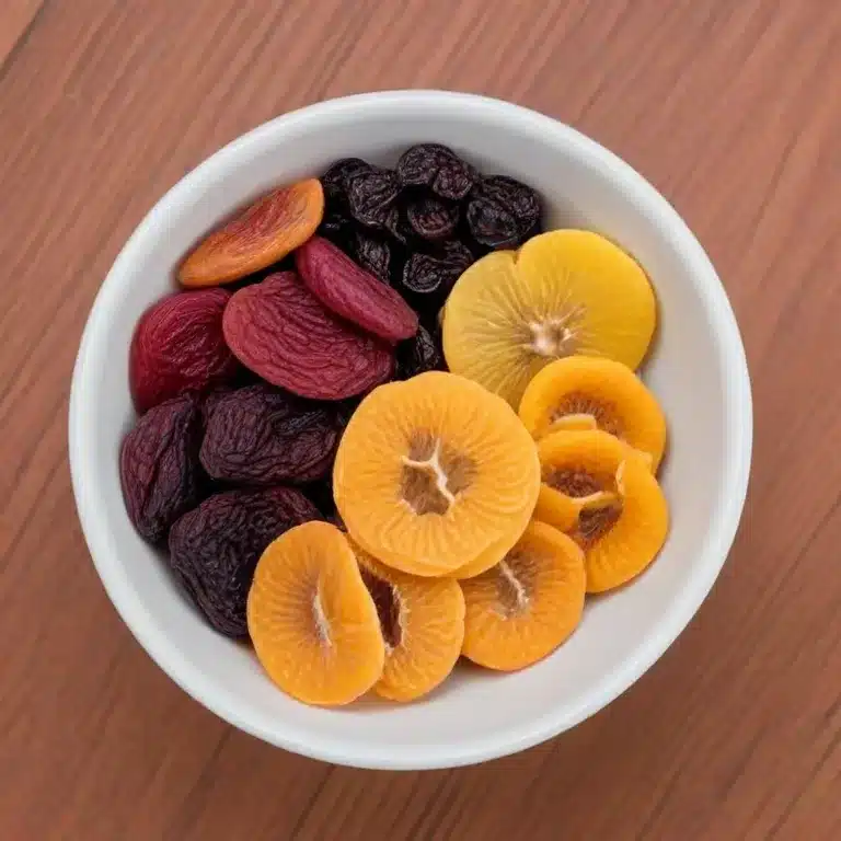 dried fruit in a bowl on a brown background.