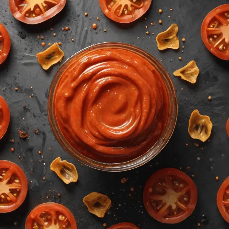 tomato sauce in a bowl surrounded by sliced tomatoes on a dark grey background.