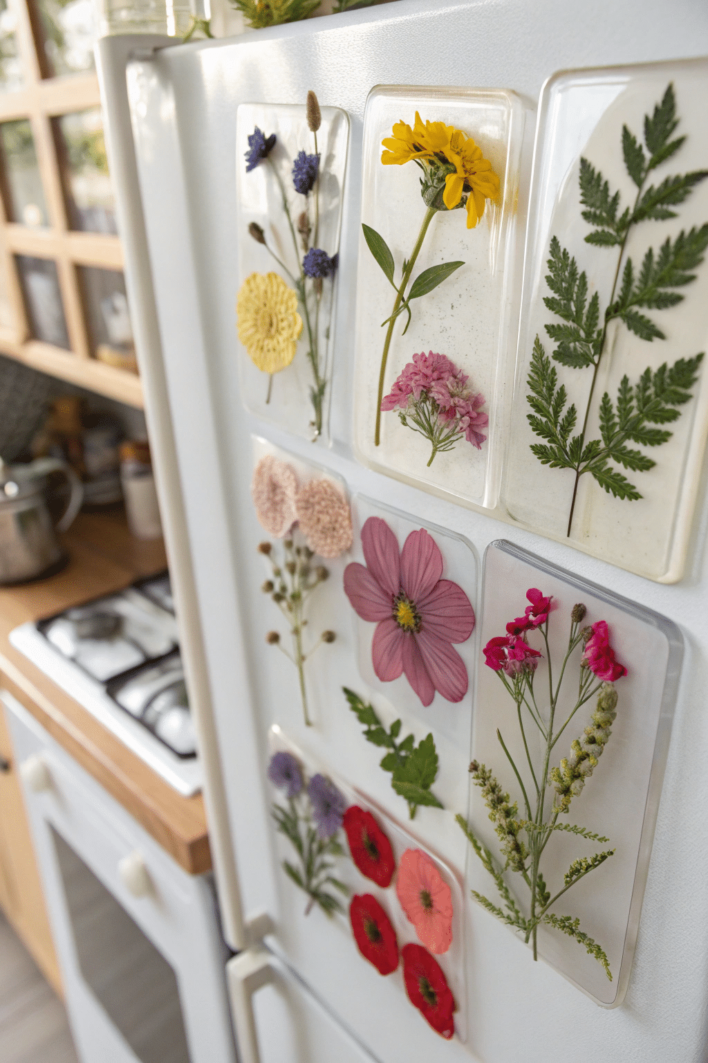 A collection of completed dehydrated flower magnets displayed on a magnetic surface, showcasing their natural beauty.