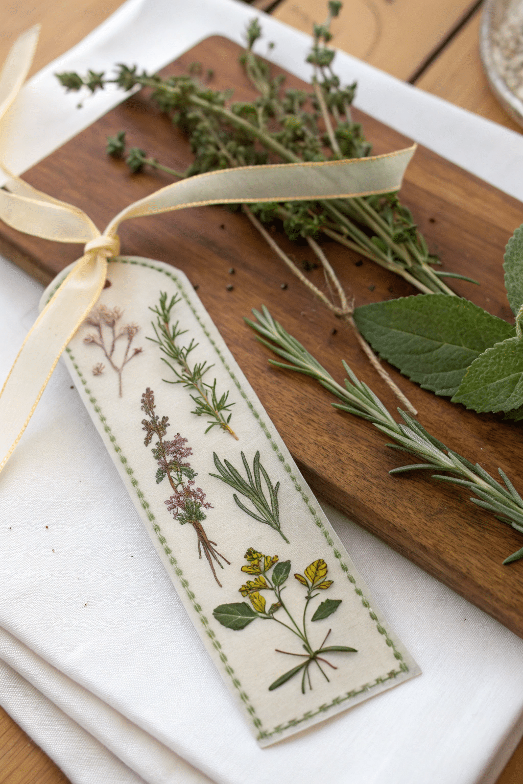 A completed dehydrated herb bookmark with a ribbon, showcasing its decorative and aromatic qualities.