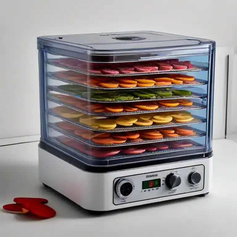 transparent square food dehydrator on a marble countertop