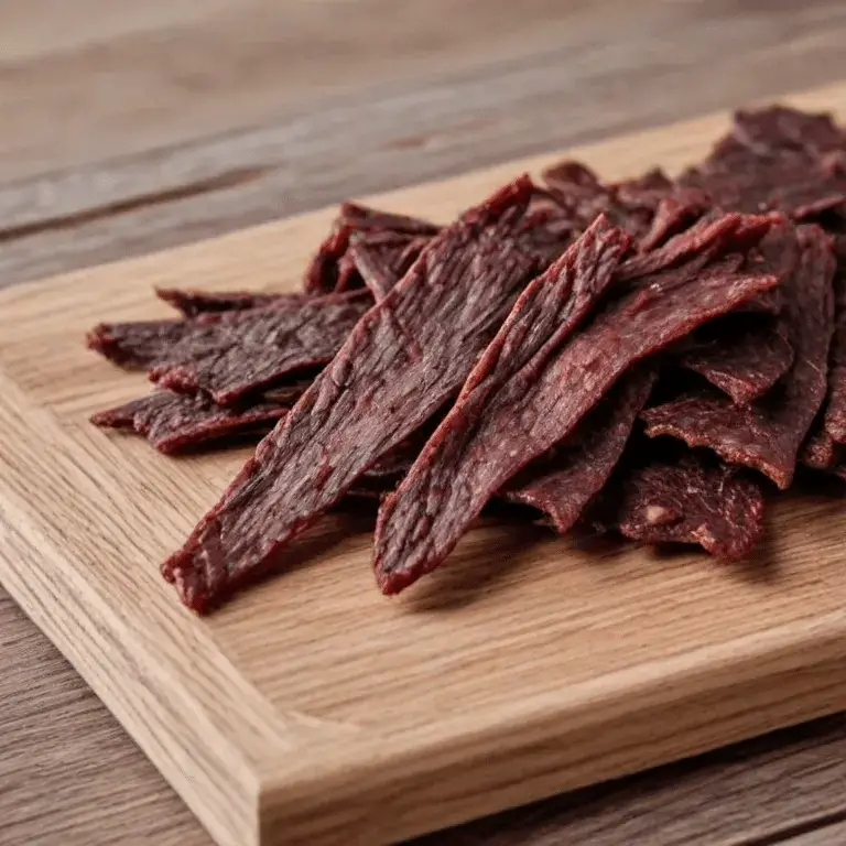 dried beef jerky on wooden chopping board