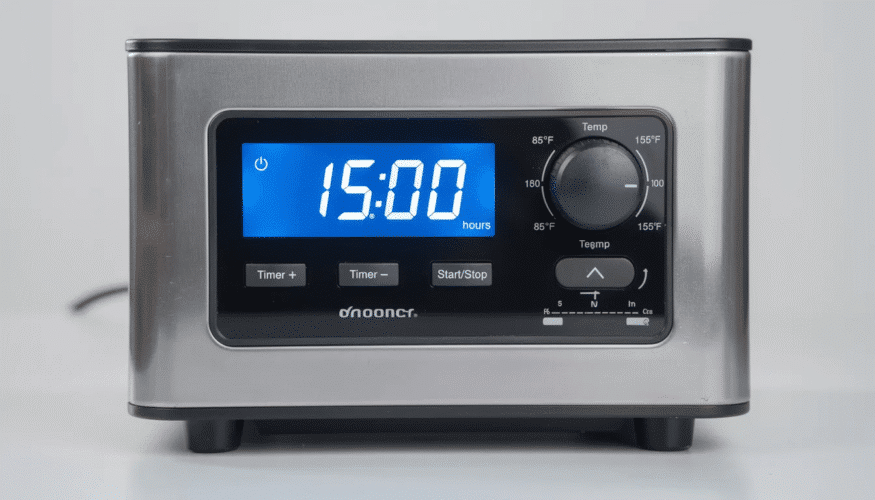 The image displays a digital dehydrator control panel featuring an LED timer that can be set for up to 15 hours, along with an adjustable thermostat for precise temperature control ranging from 85°F to 155°F, ideal for drying various foods. This user-friendly interface allows you to easily choose your settings for optimal dehydration results.