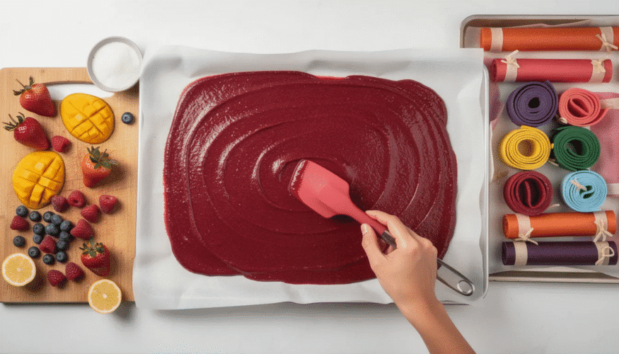 The image depicts the process of making fruit leather using a food dehydrator, showcasing trays lined with parchment paper to prevent sticking and ensure easy cleanup. Various fruits are spread evenly on the non-stick surface, ready for the dehydration process that will preserve their flavor and nutrients for longer shelf life.