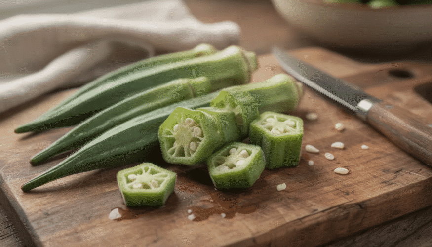 The image features fresh okra pods arranged in a bowl, showcasing their vibrant green color and unique shape. Nearby, there are dehydrator trays filled with sliced okra, ready for a simple process of dehydration, which will turn them into crispy snacks for long-term storage.
