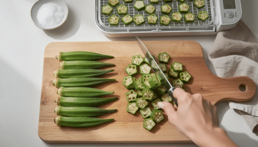 The image shows a bowl filled with fresh okra pods, ready for preparation before dehydration. Surrounding the bowl are ingredients like olive oil and garlic powder, along with dehydrator trays set up for drying the sliced okra, which will be properly stored in glass jars for long-term use in soups and stews.