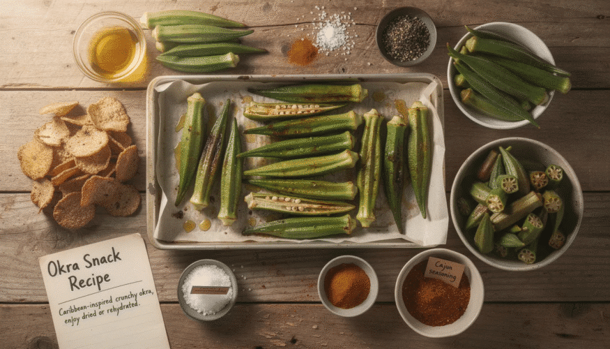 The image depicts a vibrant arrangement of fresh okra pods alongside various ingredients needed for a crunchy dehydrated okra snack recipe, including olive oil, salt, and spices. This colorful display suggests a simple process for preparing a delicious and crispy snack that can be enjoyed on its own or rehydrated for soups and stews.