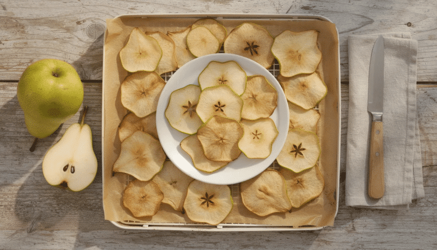 The image shows a plate of crispy pear chips, made by slicing pears thinly and dehydrating them until they are perfectly crunchy. This delicious and naturally sweet treat can be enjoyed as a healthy snack or added to instant pot dehydrator recipes for a flavorful boost.