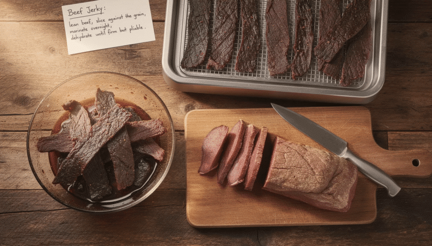 The image shows a plate of homemade beef jerky, made from lean beef slices marinated in a flavorful mixture of soy sauce, smoked paprika, and garlic powder, then dehydrated to a firm but pliable texture. The jerky is arranged in a single layer, highlighting its delicious and tender appearance, perfect for snacking or sharing with friends.