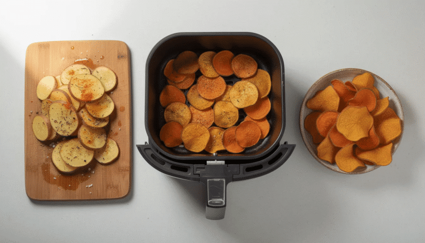 The image features a basket filled with thinly sliced potatoes and sweet potatoes, lightly coated with oil and seasonings, arranged in a single layer ready for the air fryer. The crispy chips are a delicious and tasty snack option, perfect for enjoying with family and friends.
