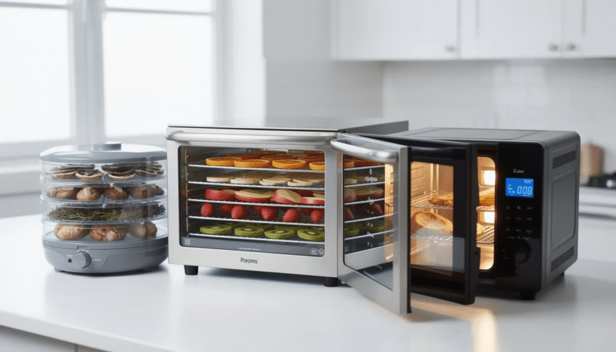The image depicts a food dehydrator with multiple trays filled with various fruits and vegetables, such as apples, blueberries, and carrots, undergoing the dehydration process. The dryer surface efficiently pulls moisture from the food while maintaining optimal air flow and temperature, ensuring the nutritional value is preserved during the drying process.