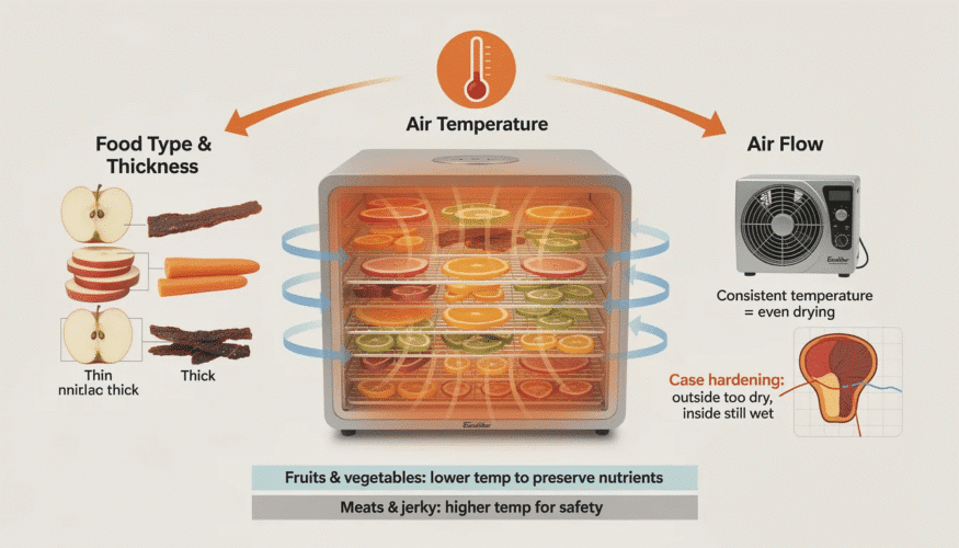 The image illustrates various factors affecting the food dehydration process, including air temperature, food temperature, and air flow, which are crucial for achieving even drying in a food dehydrator. It also highlights the importance of food type and thickness, emphasizing how different foods like fruits, vegetables, and jerky require specific temperature settings to preserve their nutritional value and ensure safety.